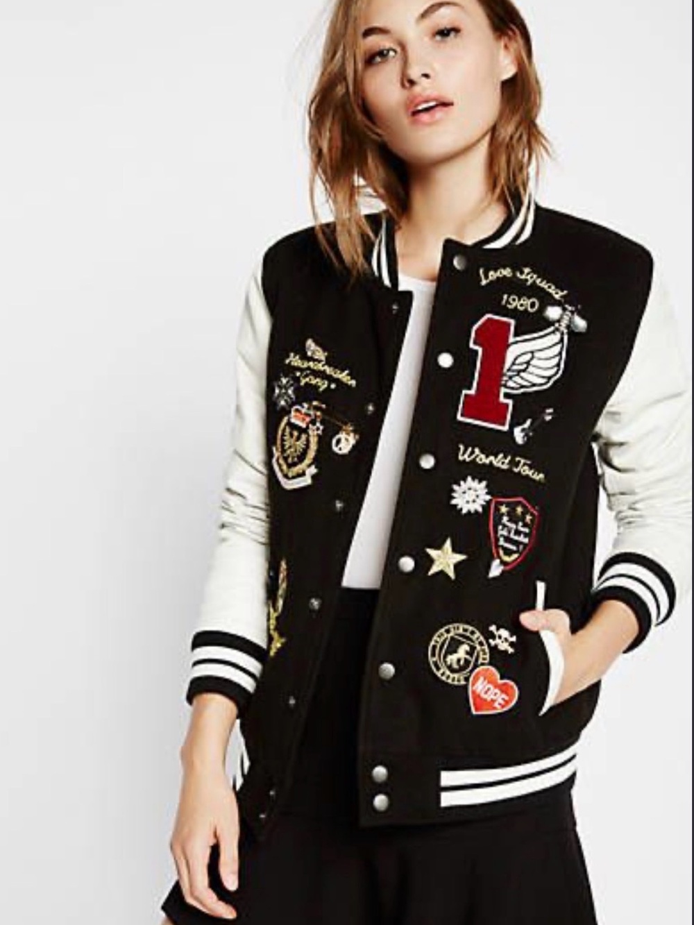 Express Varsity Patch Bomber Jacket - Black & White